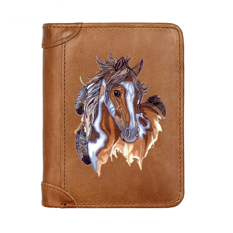 

Luxury Vintage Horse Design Printing Genuine Leather Men Wallet Classic Pocket Slim Card Holder Male Short Purses