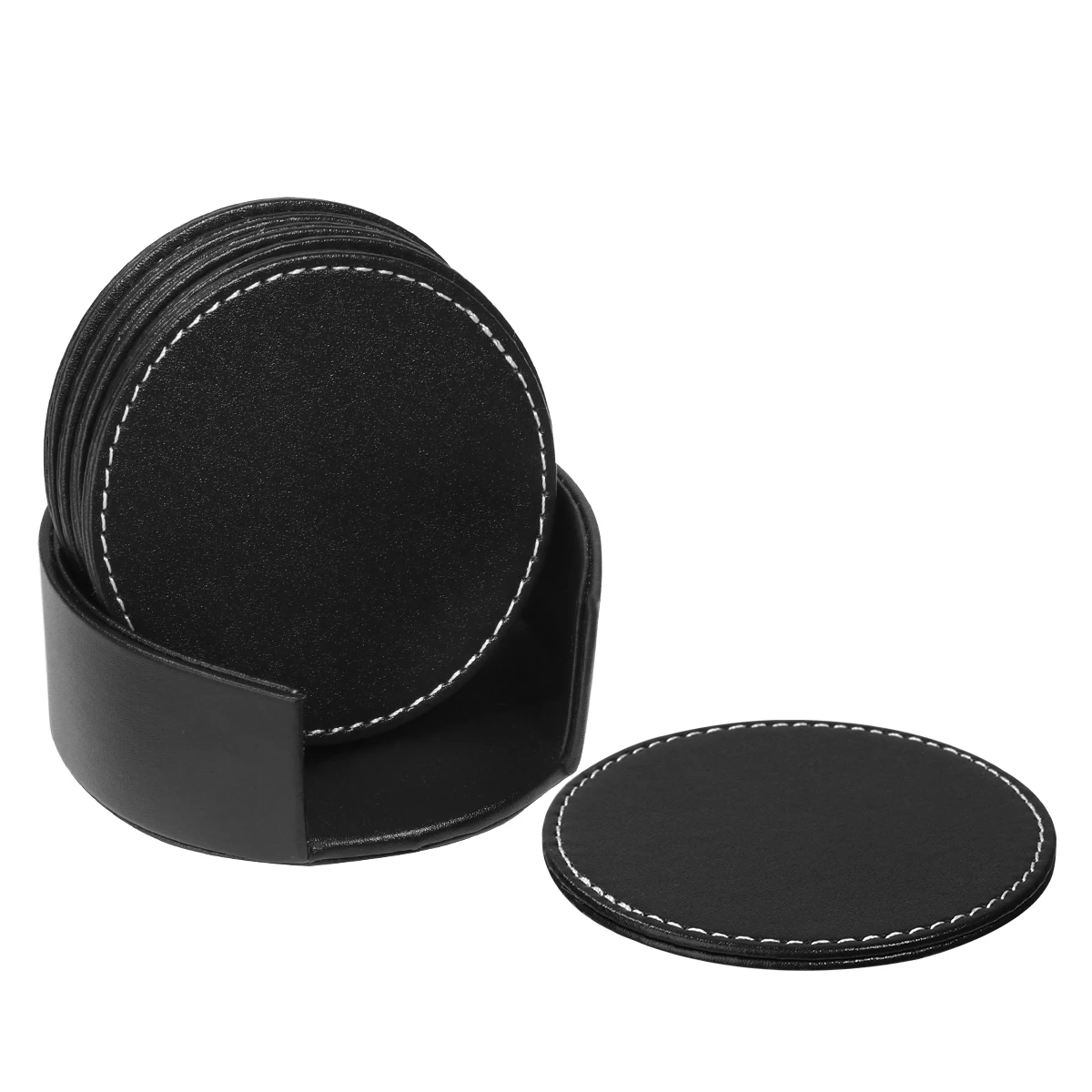

6PCS PU Leather Coasters With Holder Round Leather Cup Pad Table Mat Coffee Cup Pad Placemat Coasters For Tea Coffee 11cm