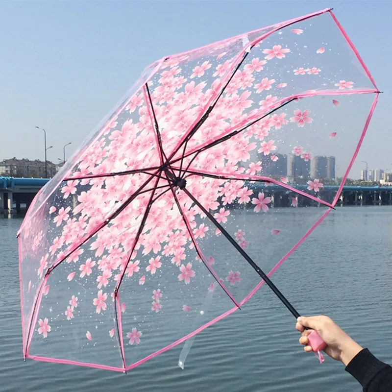 

Cherry Blossom Umbrella Japanese Style Academy Clear Portable Mini Cute Folding Compact Travel Rain Umbrella for Girls Women