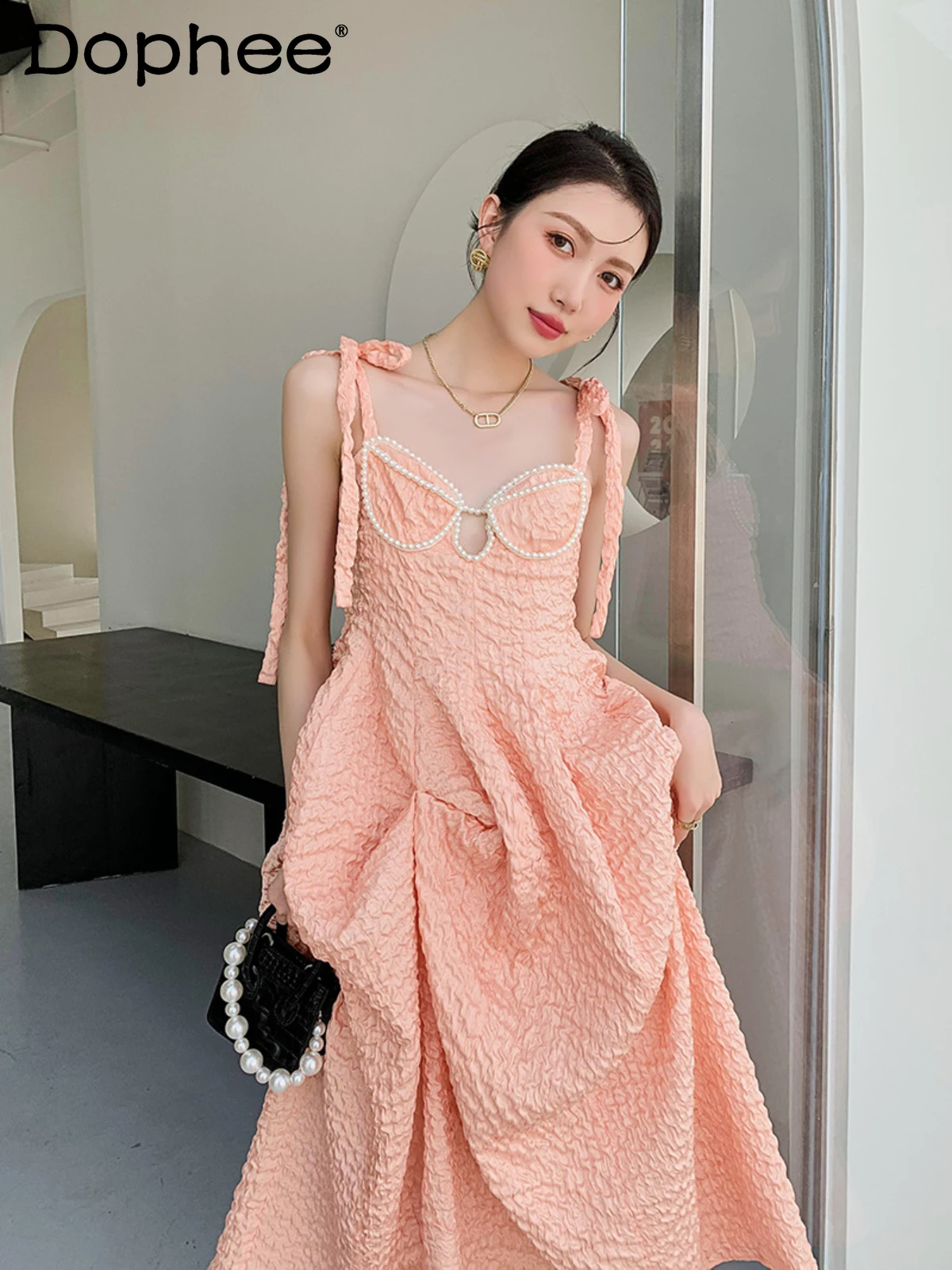 

French Style Retro Gentle Sweet Fairy Puffy Princess Straps Dress Women's 2022 Spring Summer New Sexy V-neck Beads Maxi Dress