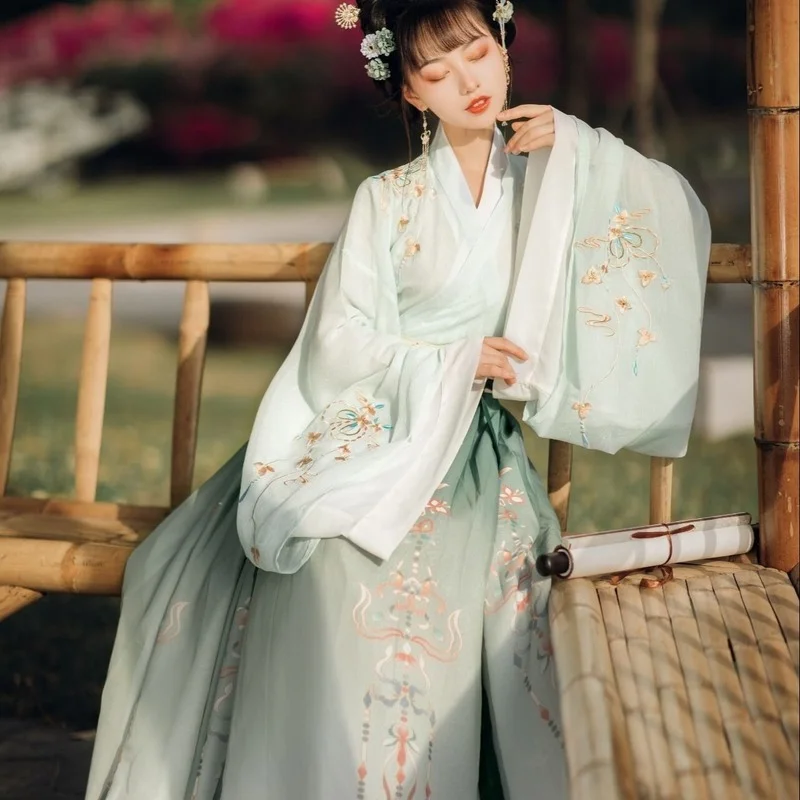 

Традиционная китайская вышивка Hanfu, женский косплей-халат, танцевальный комплект, сказочный костюм, одежда для девушек, платье династии ханьцев
