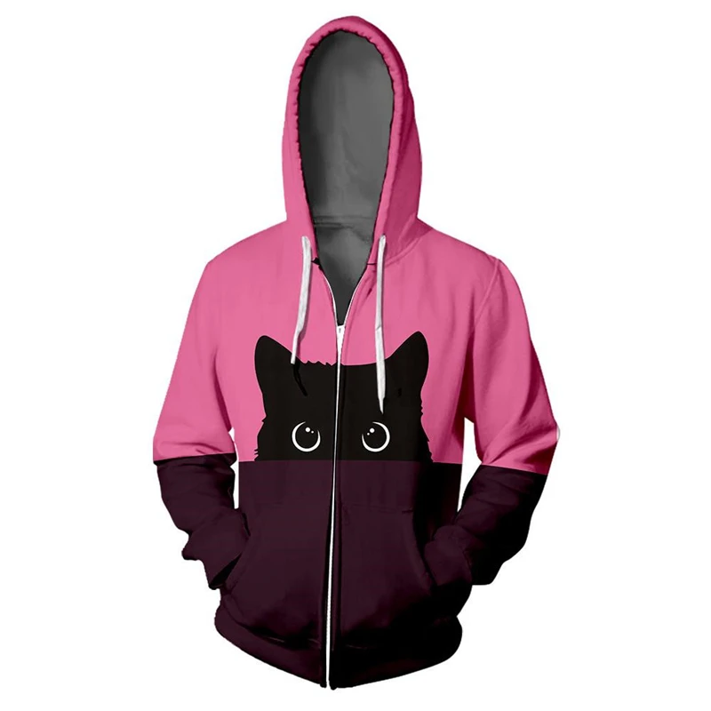 Cute Quietly Cat Pattern Zip Up Hoodie Fashion Casual Long Sleeve Men Women 3D Printed Zipper Hoodies Simple Trend Sweatshirts