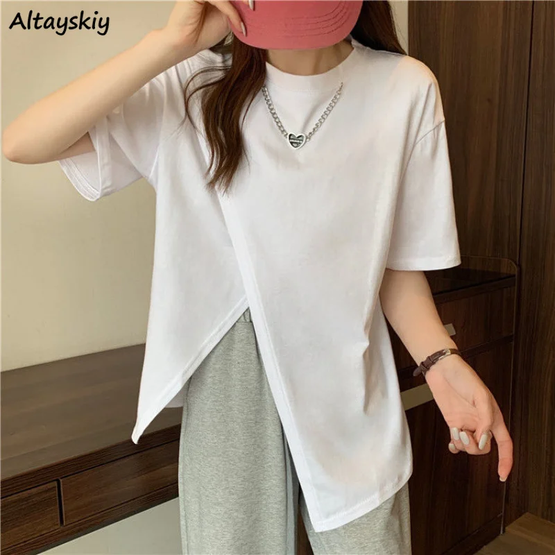 

Футболка женская с коротким рукавом, однотонная ассиметричная свободная универсальная модная уличная одежда с цепочкой в стиле ольччан, с ...