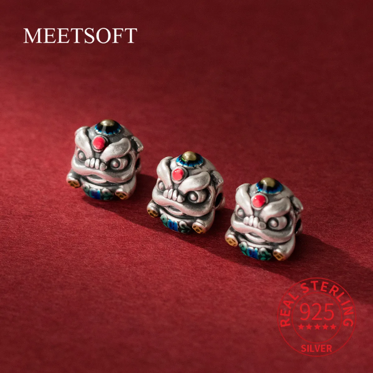 

MEETSOFT S925 Sterling Silver Enamel Retro Fu Character Lion Beads Jewelry Of DIY Handmade Braided Bracelets Accessory Wholesale