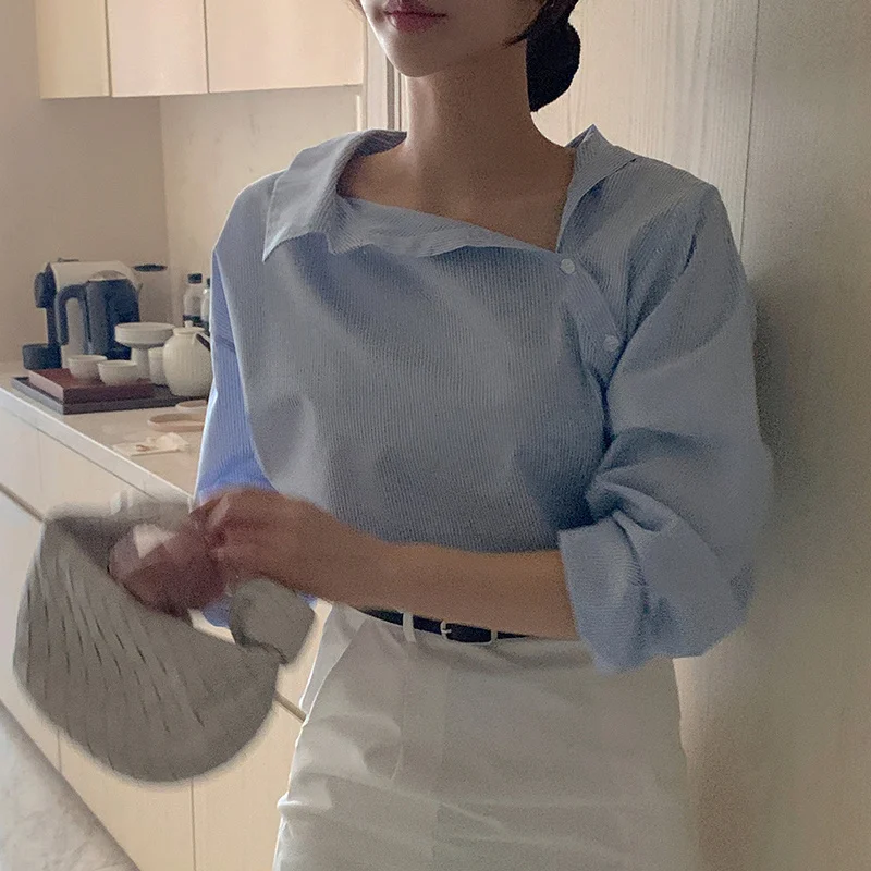 

Office Lady Work Blue Striped Shirts Women Slim Fashion Blusas Mujer De Moda 2022 Spring Button Long Sleeve Tops Casual Blouse