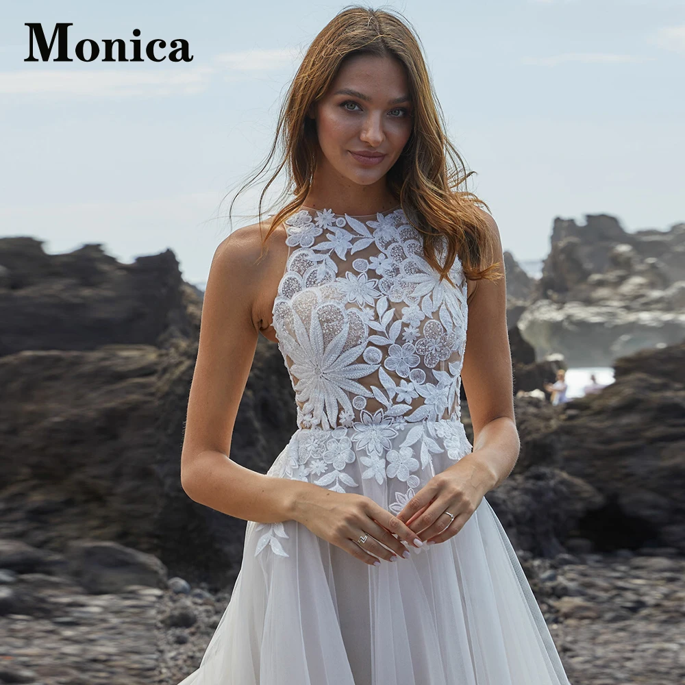 

MONICA Scoop Sleeveless Charming Button Wedding Gown Tulle For Bride Appliques Custom Made Vestidos De Novia Brautmode A-Line