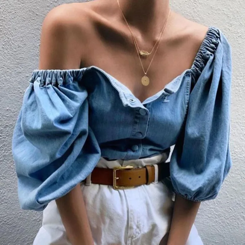 

Женская джинсовая рубашка с длинным рукавом-фонариком, без бретелек