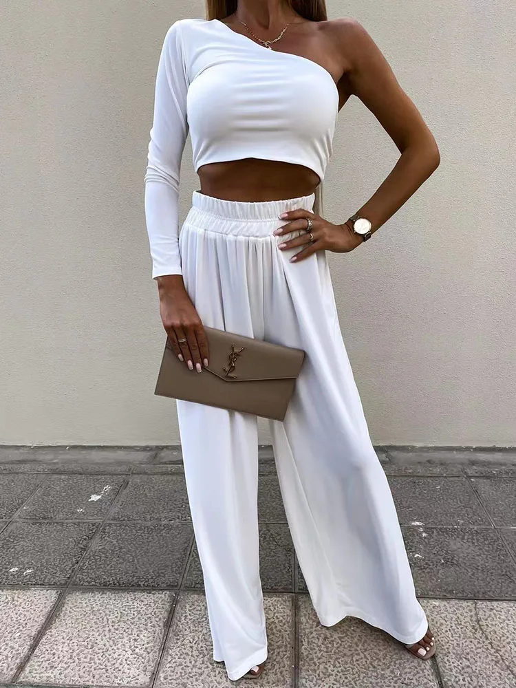 

Женский пикантный костюм из рубашки на одно плечо и брюк с широкими штанинами, элегантный офисный комплект из двух предметов, летняя одното...