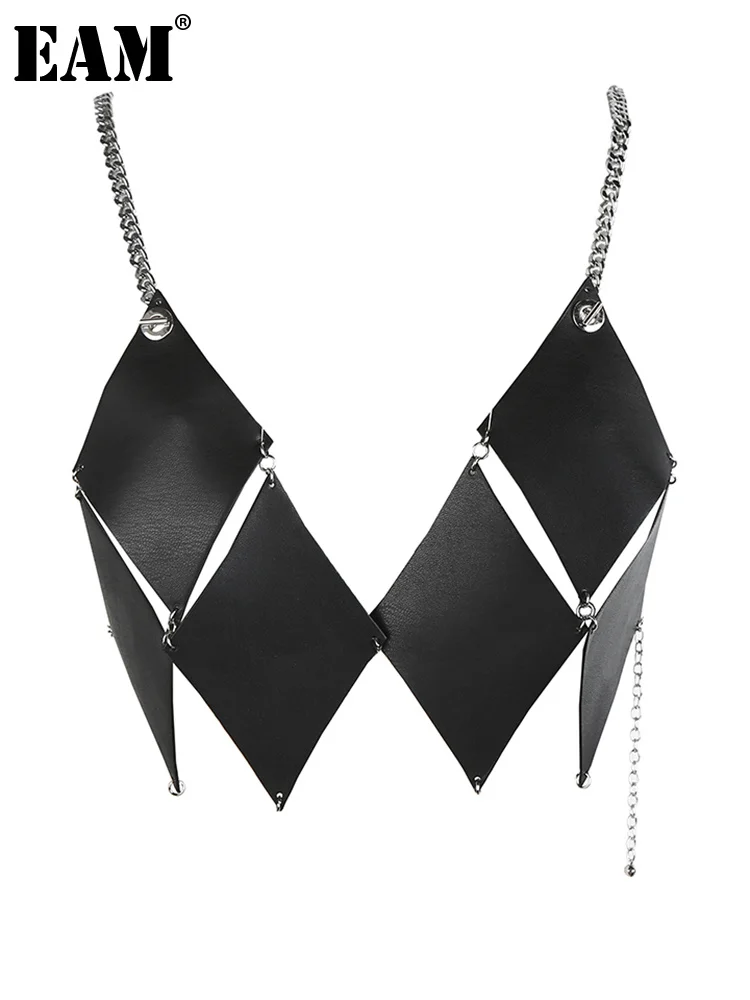 

Women Loose Fit Black Pu Leather Irregular Short Vest New V-collar Sleeveless Fashion Tide Spring Summer 2023 1DE8192