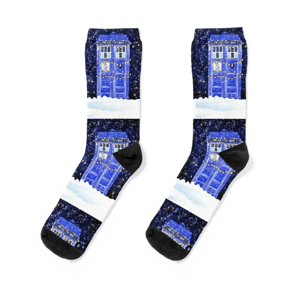 Синяя полицейская коробка с рождественскими огнями носки со снегом и звездами