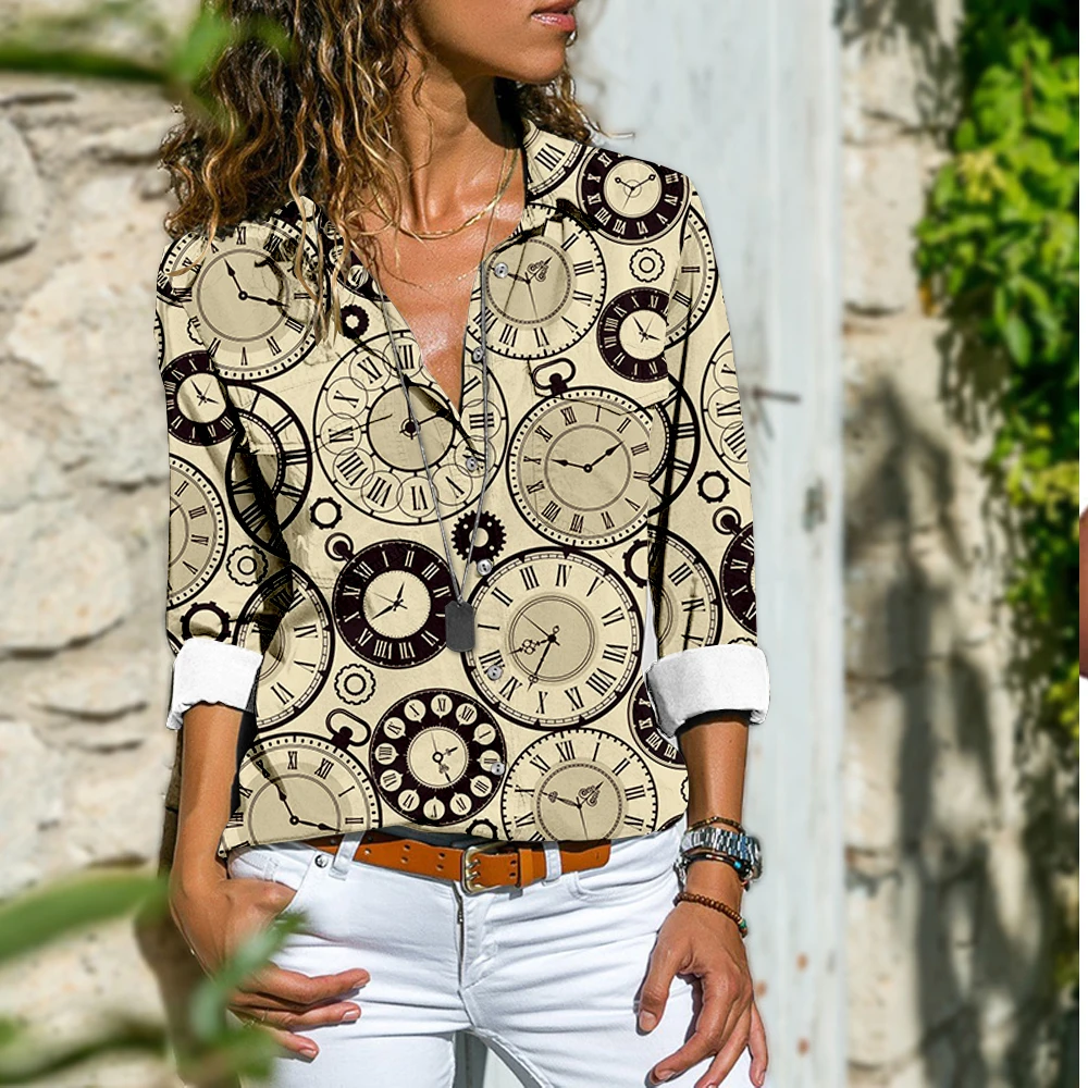 

Women's New Button Clock Print 3/4 Sleeve Shirts Summer Casual Tops