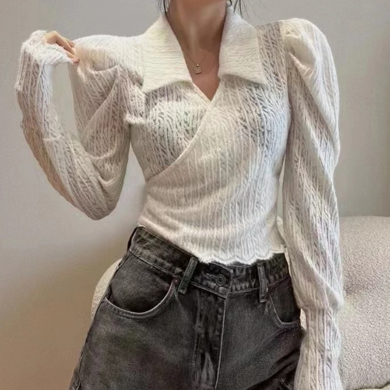 

Lace Patchwork Blouses Women Turn Down Collar Long Puff Sleeve Blusa Mujer Solid Color Blouse Cropped Top Female Dropshipping