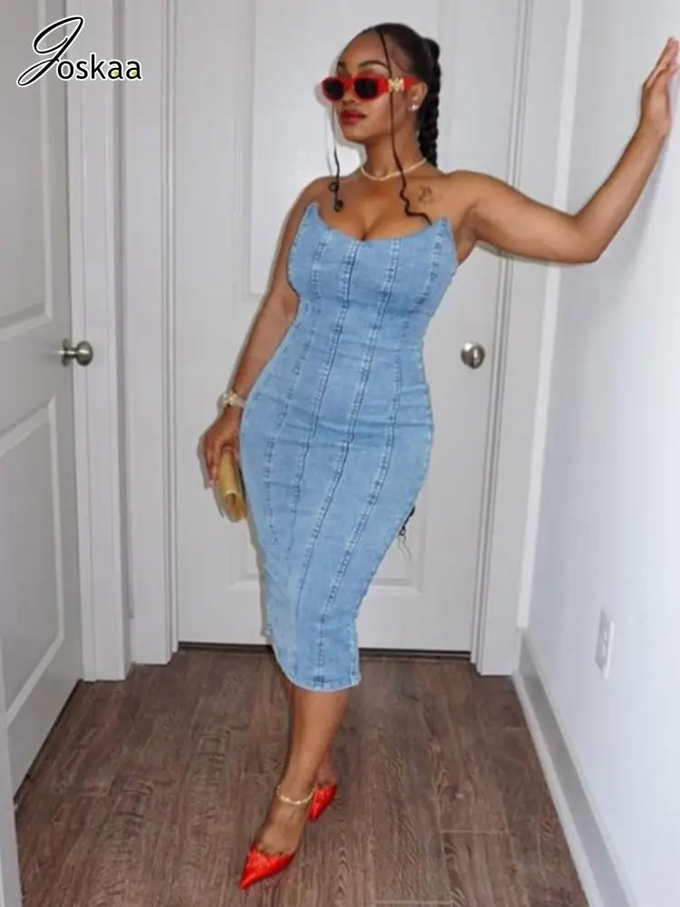 

Joskaa Blue Denim Strapless Midi Dresses Women Hipster Sexy Wrapped Chest Backless Bodycon Dress 2023 Y2K Vintage Streetwear