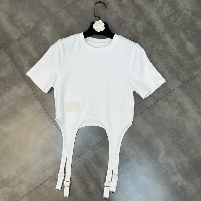 

Summer 2022 New Arrivals Short Sleeve O Neck Metal Buckles Tassel White T Shirt Women GF265