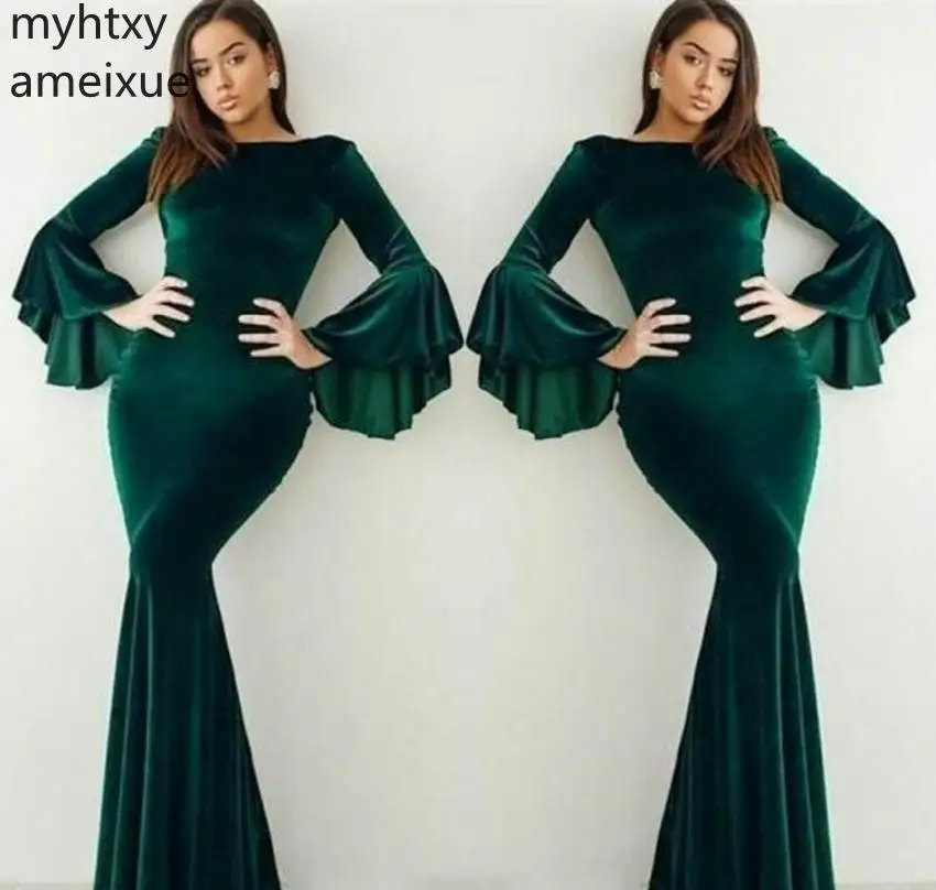 

Sexy 2023 Velvet Dark Green Evening Dress Elegant Dubai Flare Long Sleeves Women Party Prom Gown Plus Size Robe De Soiree