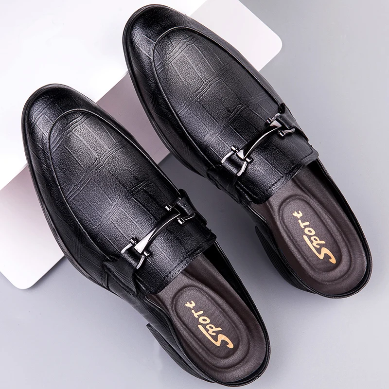 

2022 Men Casual Slippers Luxury Brand Half Drag Genuine Leather Men's Shoes Breathable Slip on Lazy Loafers Mens Plus Size 36-47