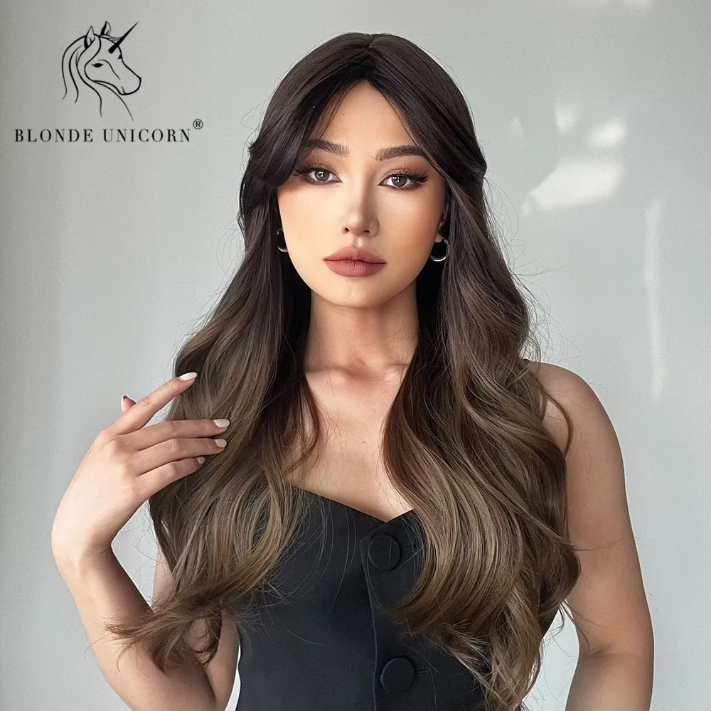 Синтетический длинный волнистый парик блонд единорог Омбре коричневый для
