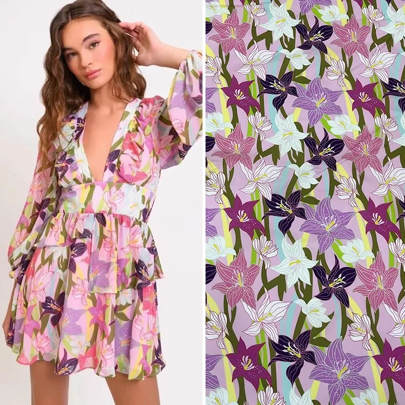 Европейская и американская мода, хлопковая ткань с фиолетовым цветочным принтом для женщин, платье, блузка, ручная работа, ткань для шитья своими руками