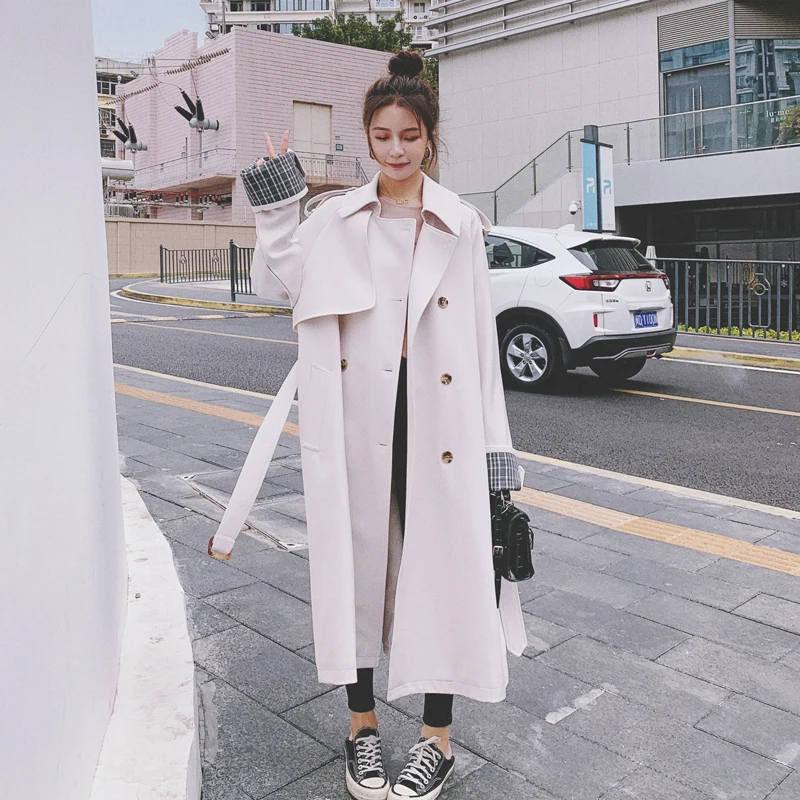 

White Windbreaker Female 2022 Spring New Korean Loose Long Lapel Double-breasted Wear A Belt High-quality Lining Fashion Coat M1