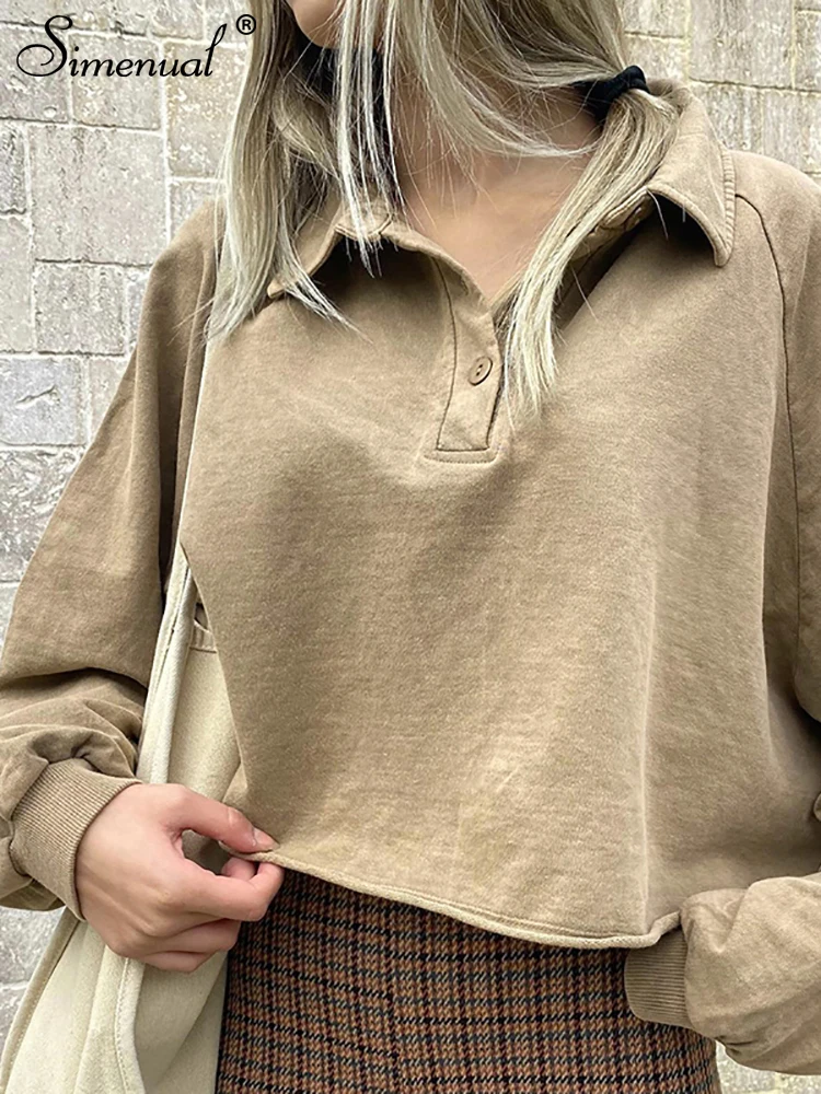 

Simenual Pure Color Lapel Buttons Up Pullover Sweatshirts Women Autumn Hipster Long Sleeve Loose Crop Tops Y2k Streetwear Shirt