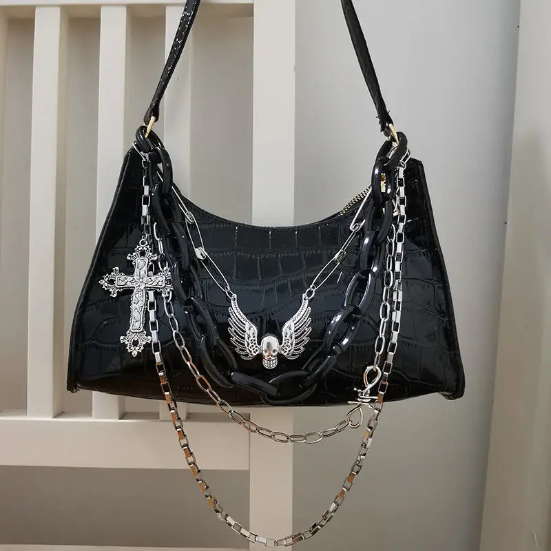 

Y2k Hot Girl Chain Crocodile Pattern Handbag 2023 Summer Subculture Dark Punk Underarm Bag Cross Skull Shoulder Bag