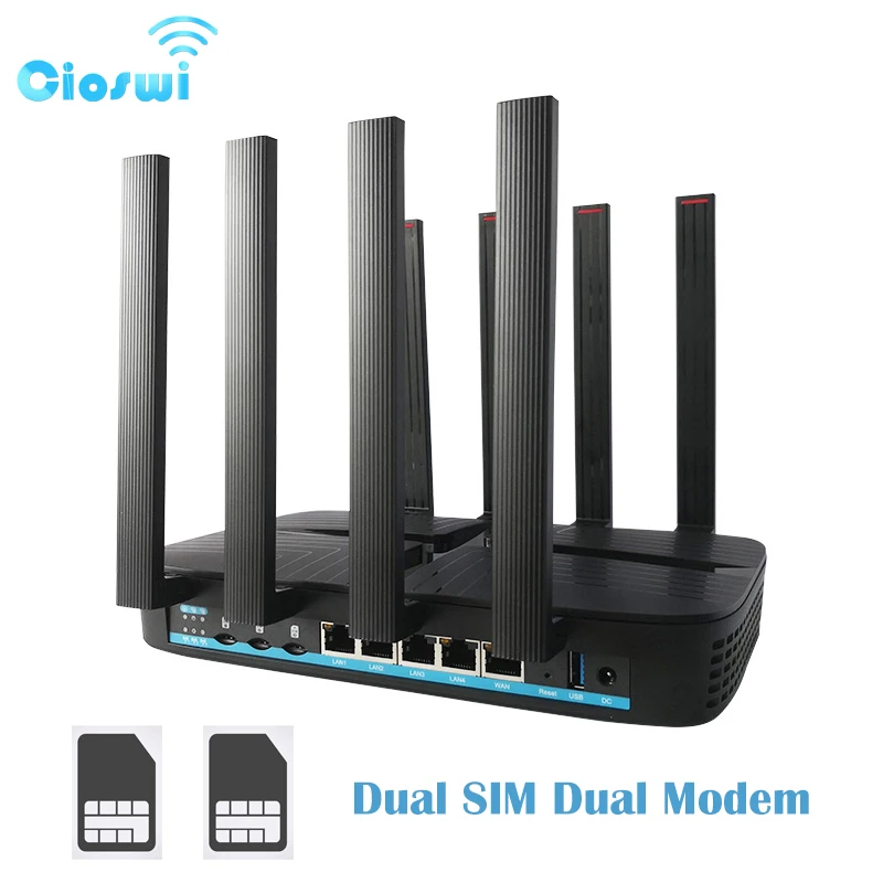 Cioswi Dual Sim Card 4G Router 1200Mbps WIFI Two Modem Openwrt USB3.0 WAN LAN 2.4G 5.8GHz Wi-fi Extender High Gain 8 Antennas