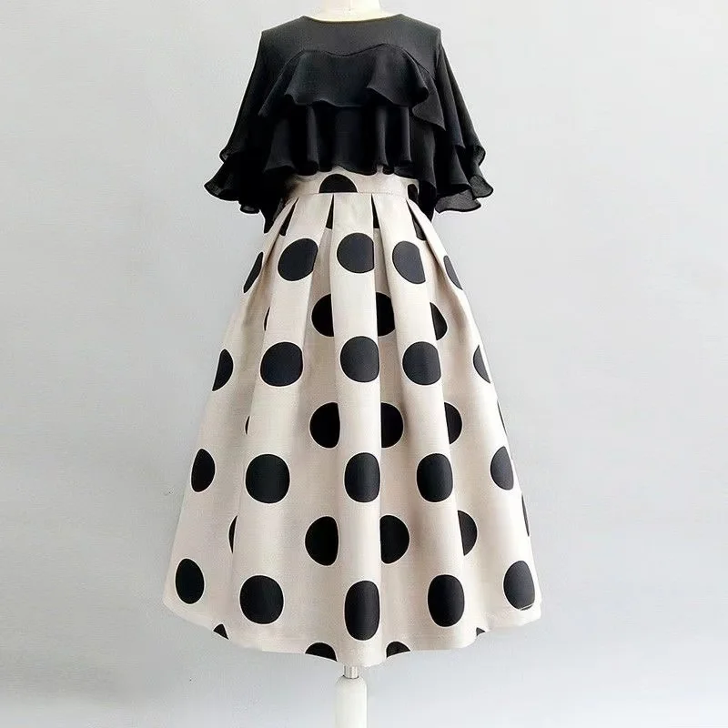 

Spring Fall Hepburn Vintage Women Elegant Dot Polka Print Jacquard High-waisted Long Midi Pleated Skirt OL Office Lady Work Wear