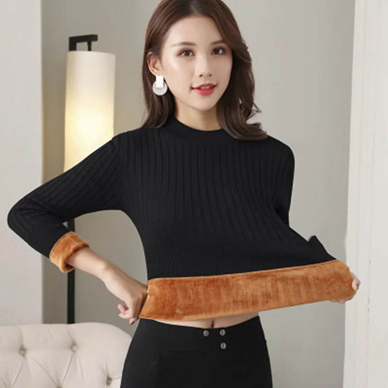 Women's Fleece Sweater Winter Long-sleeved Thickening Warm All-match Knitted Sweater Slim Fit Thin High Elastic Top Women