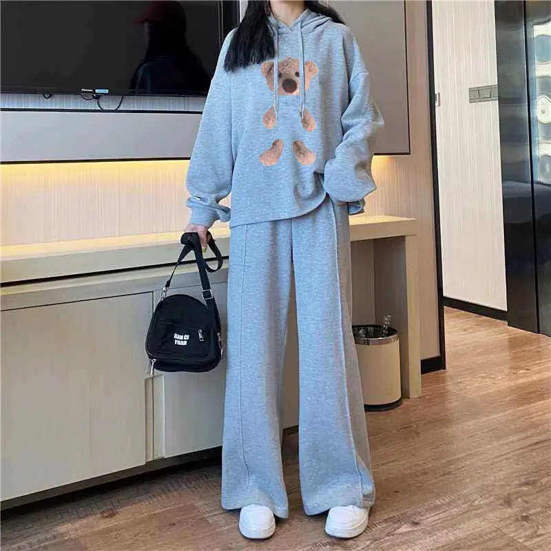 Casual Printed Bear Sports Suit Spring and Autumn Loose Hoodie Wide Leg Pants Two-piece Set Korean Casual Women's Sports Suit