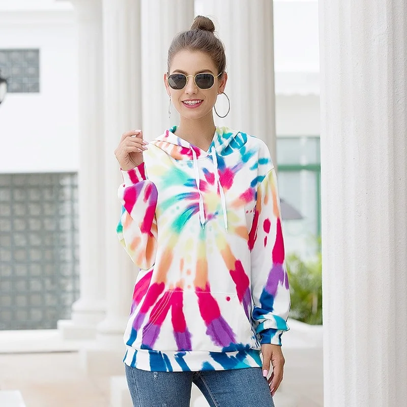 

Tie-Dye Loose Hooden Pullovers 2023 Women Multicolors Printed Draw String Sweatshirts 2023 New Fashion Hoodies Simple Streetwear