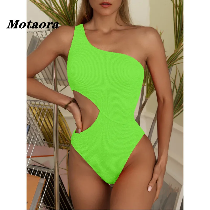 

Solid Color Monokini Hollow Out Swimwear High Waist Beachwear Biquini 2022 One Shoulder Swimsuit Women Sexy One Piece Bikini Set