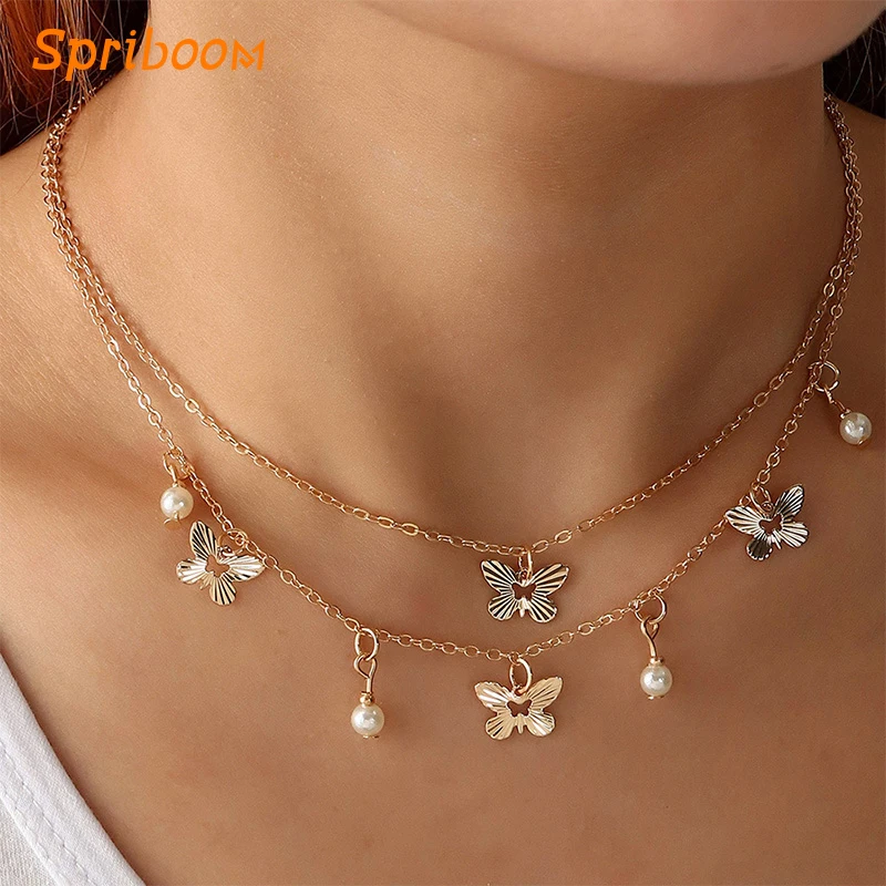 

Boho Hollow Butterfly Necklace Gold Foil Perfume Women Pearl Necklaces 2 Layers Choker New Jewelry Vintage Valentine's Day Gifts
