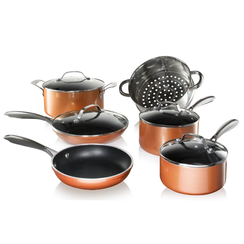 

Copper Cast Pots and Pans Set, 10 Piece Cookware with Nonstick Diamond Surface, Includes Frying Pans, Stock Pots
