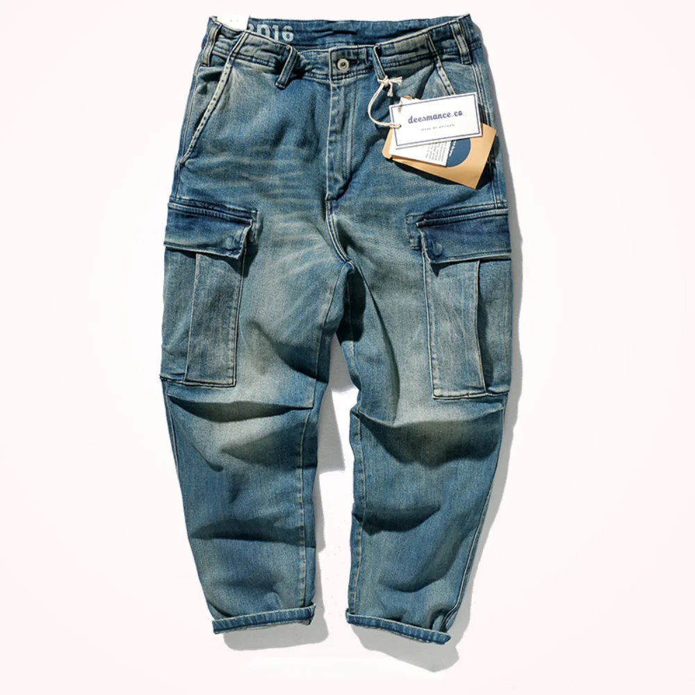 Trousers men's nine minutes pants loose small straight retro washed old heavy stretch jeans.