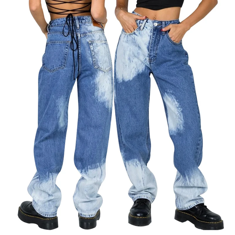 

Джинсы женские с принтом Tie Dye, голубые винтажные свободные прямые джинсы со средней талией, повседневные хлопковые ковбойские брюки, весна 2022