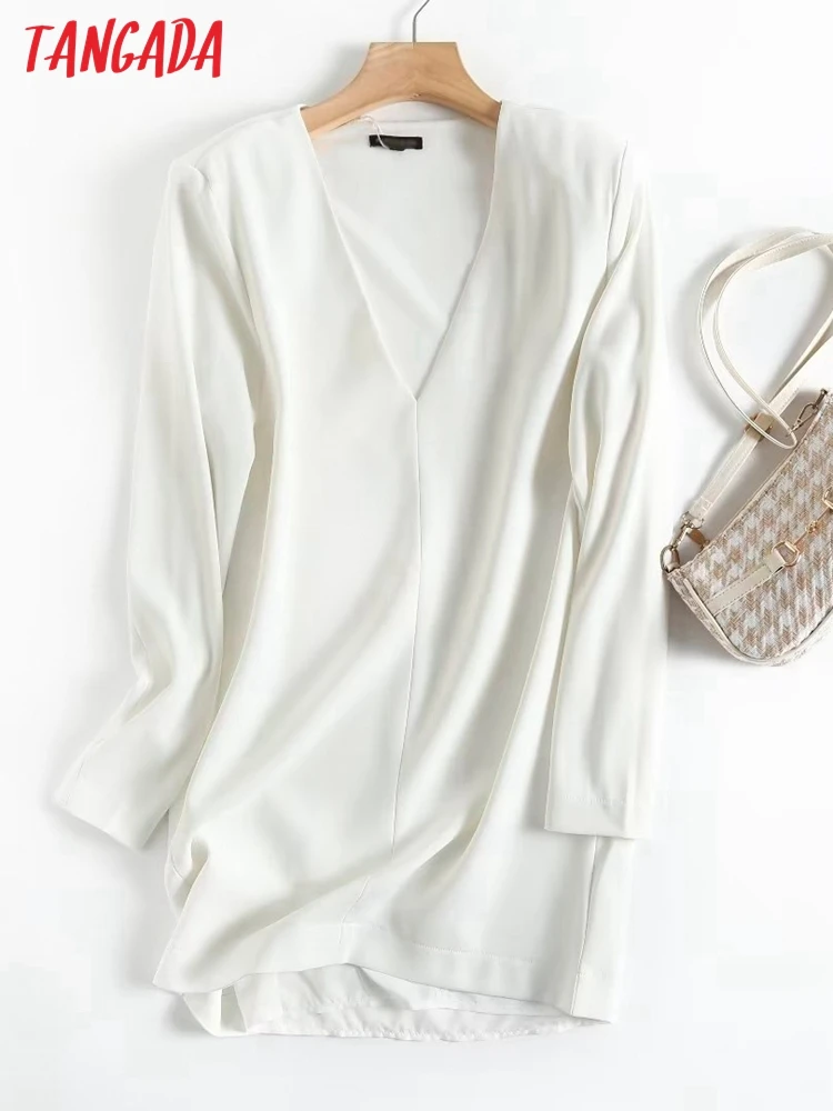 

Tangada 2022 Fashion Women White Loose Dress Vintage Long Sleeve Office Ladies Mini Dress 4C208