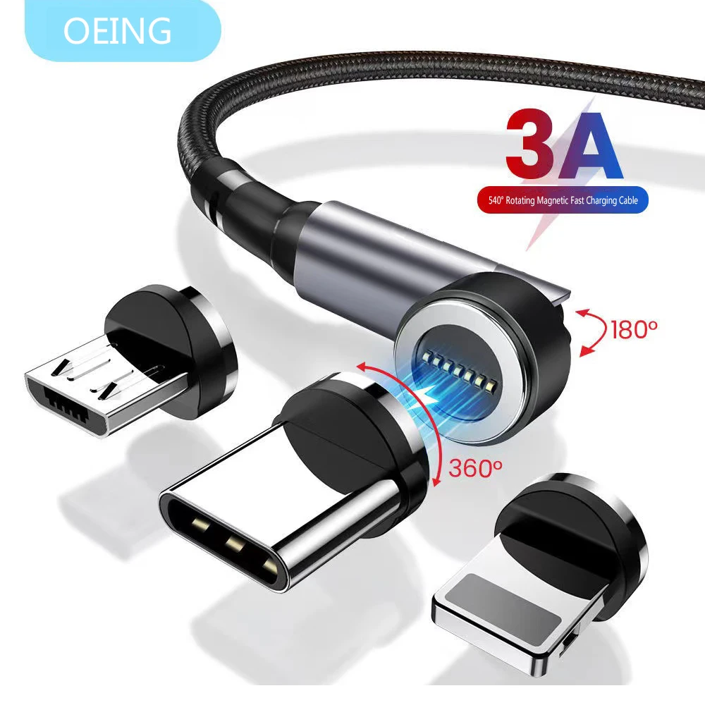 

OEING 1M 2M 3A Fast Charging Magnetic Cable For iPhone 11 12 Huawei 540 Rotate Magnet Charger Cable Phone USB Type C Data Cable