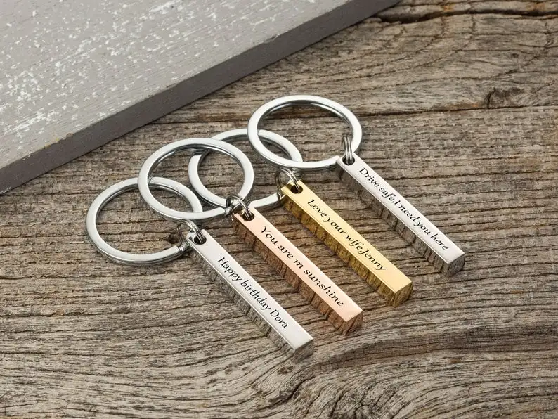 

Custom 3D Bar Keychain Stainless Steel Four Side Coordinates Keyring Personalized Engraved Key Chains Women Men Gift