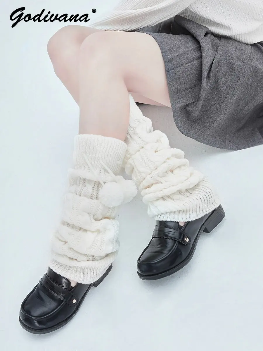 Japanese Lolita Style Over The Knee Stockings Fur Ball Foot Bunching Socks Autumn Winter Knitting Leg Warmers Thickened Socks