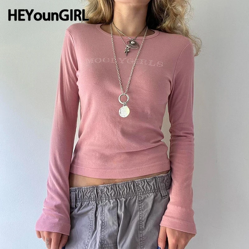 

HEYounGIRL Y2K, розовая Женская футболка с длинным рукавом, Повседневная Уличная одежда, осенняя Базовая женская футболка, милая