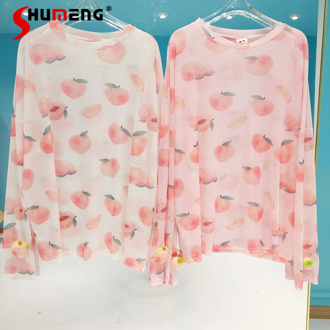

2022 Summer New Ladies Fashion Cute Peach 3D Micro Transparent Sun Protection Top Women Sweet O-neck Printed Long Sleeve T-shirt