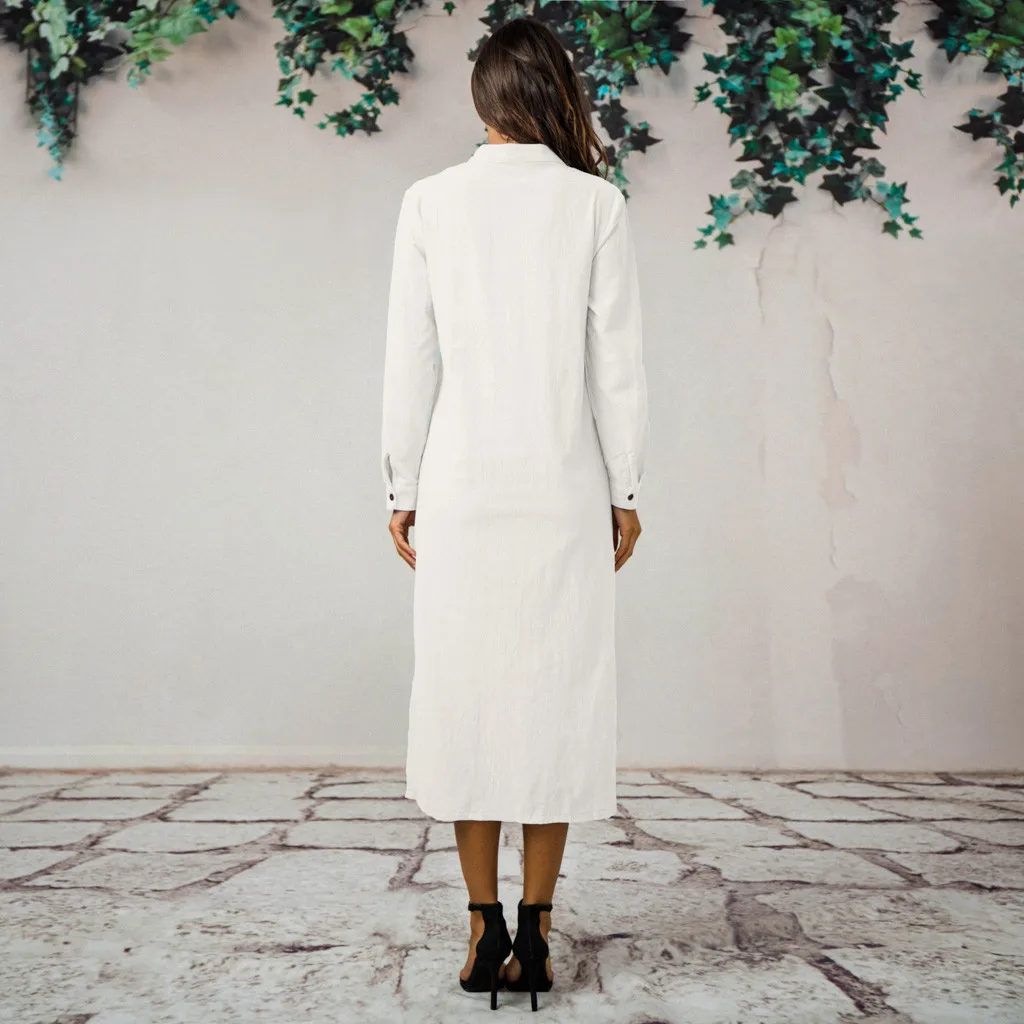 Женское хлопковое белое платье с длинным рукавом