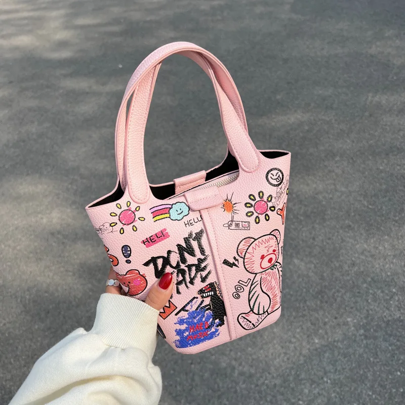 

Graffiti Basket Bag Women 2022 New Fashion Casual Portable Bucket Bag Texture Foreign Style One Shoulder Messenger Bag