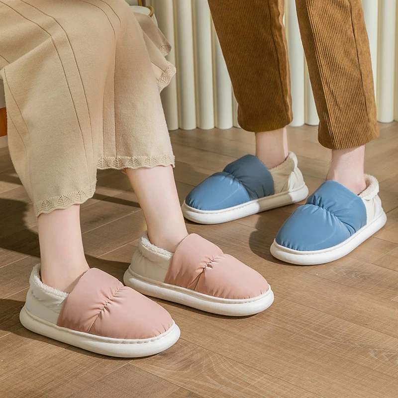 Unisex Winter Waterproof  Slippers Women Slides Outside Indoor Home Shoes Warm Plush Platform Cotton Shoes