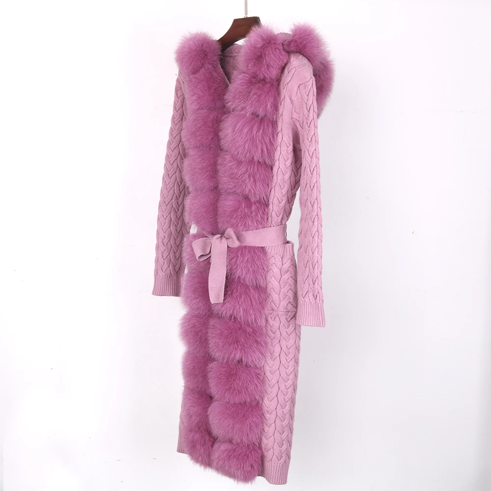 Women Natural Raccoon Bigest Real Fox Fur Hooded Fluffy Cardigan Sweater  X-Long 105-110cm length women real fox fur Coat