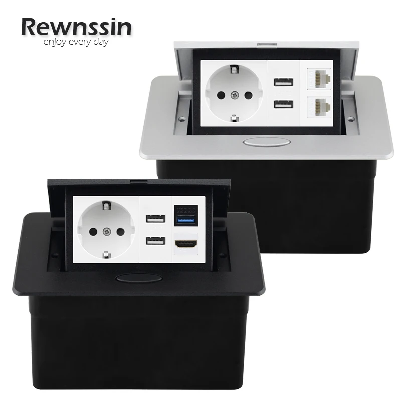 

2 USB Ports EU Power Socket Desktop Built-in Pop-up Aluminum Alloy Socket + RJ45 Internet Interface HDMI USB Data Female Outlet