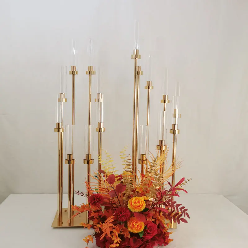 10pcs/lot 8 Heads Metal Candelabra Gold Candle Holder Acrylic Wedding Table Centerpiece Candle Holders Candelabrum Decoration