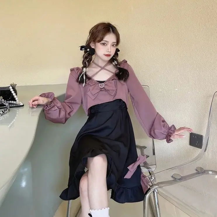 

Coolfel Japanese Cross Bandage Lolita Dress Kawaii Retro Bow Long Sleeve Casual Y2k Mini Dresses Korean Style Fairy Dress