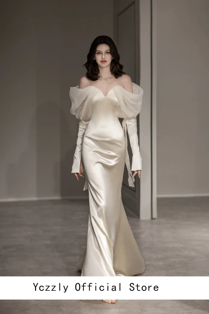 Женское атласное платье с юбкой годе, простое свадебное платье на тонких бретельках, с длинными рукавами, открытыми плечами и открытой спиной, пляжное платье невесты YZ16