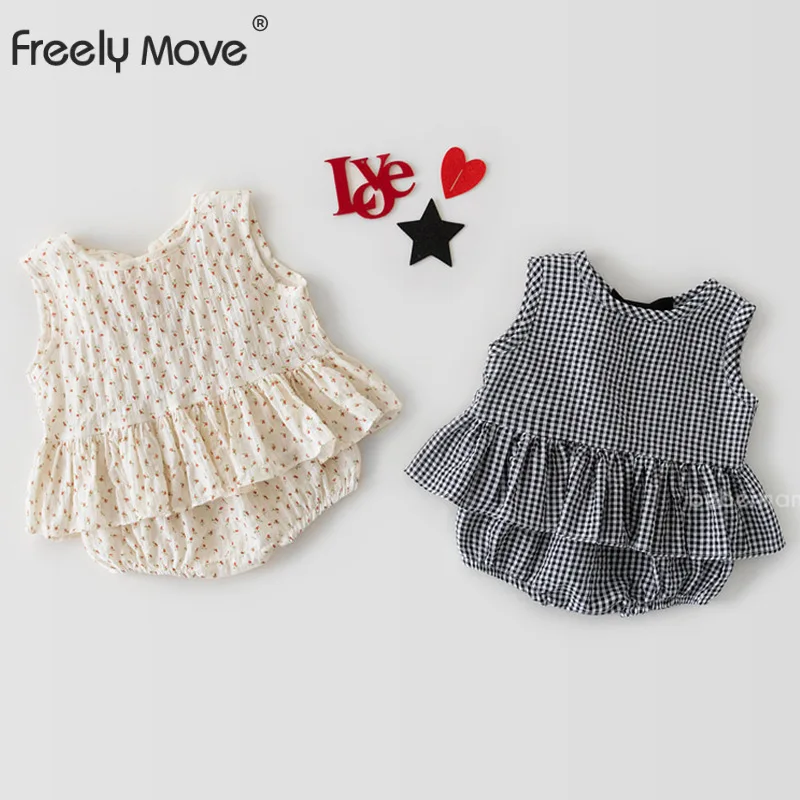 

Freely Move 2022 Summer Infant Baby Girls Summer Jumpsuit Outfit Print Pullover Ruched Casual Sleeveless Rompers